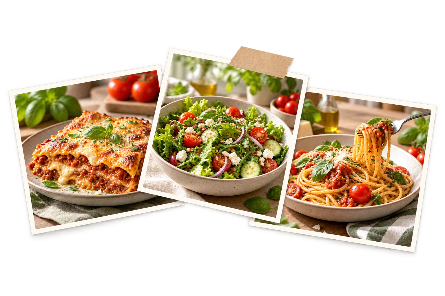 Collage aus Lasagne, Salat und Pasta