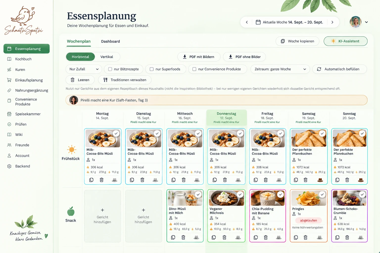 SchmatziSpatzi Wochenplan in horizontaler Ansicht